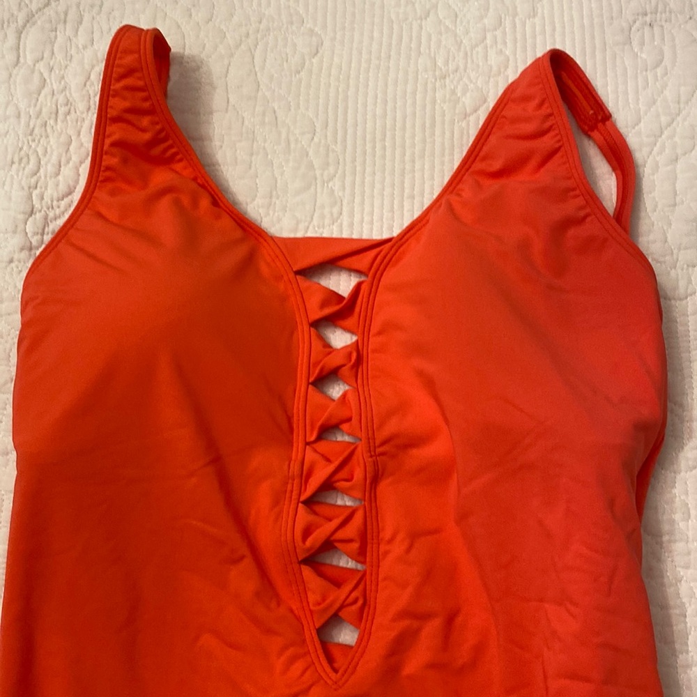 Bleu Rod Beattie Orange One-Piece Swimsuit with Lattice Front